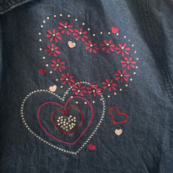 Valentines Hearts embellished Denim Button Down Shirt – Blue – 2X - Picture 4 of 5